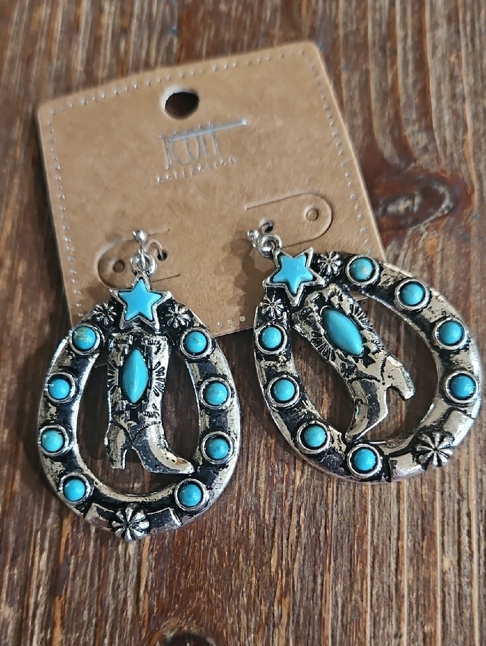 NWT Cowboy Boot Dangle EARRINGS Silvertone And Blue